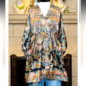 NWOT multicolored long sleeve tunic with waist tie